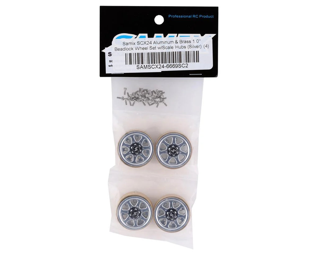 Samix SCX24 Aluminum & Brass 1.0" Beadlock Wheel Set w/Scale Hubs (Silver) (4) (20.5g)