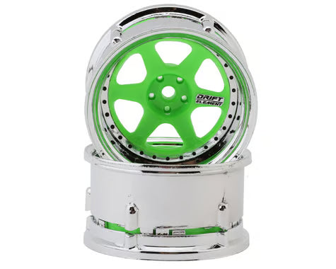 DS Racing Drift Element 6 Spoke Drift Wheels (Flu Green/Chrome Lip/Black Rivet) (2) (Adjustable Offset) w/12mm Hex