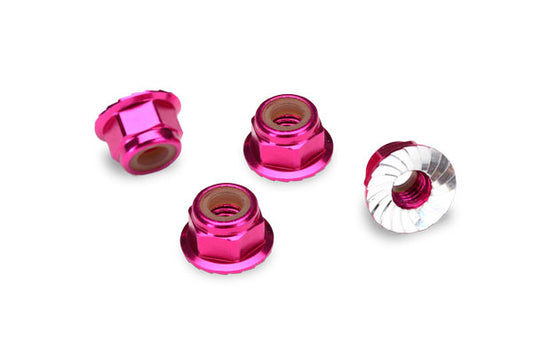 Nuts, aluminum, flanged, serrated (4mm) (pink-anodized) (4)