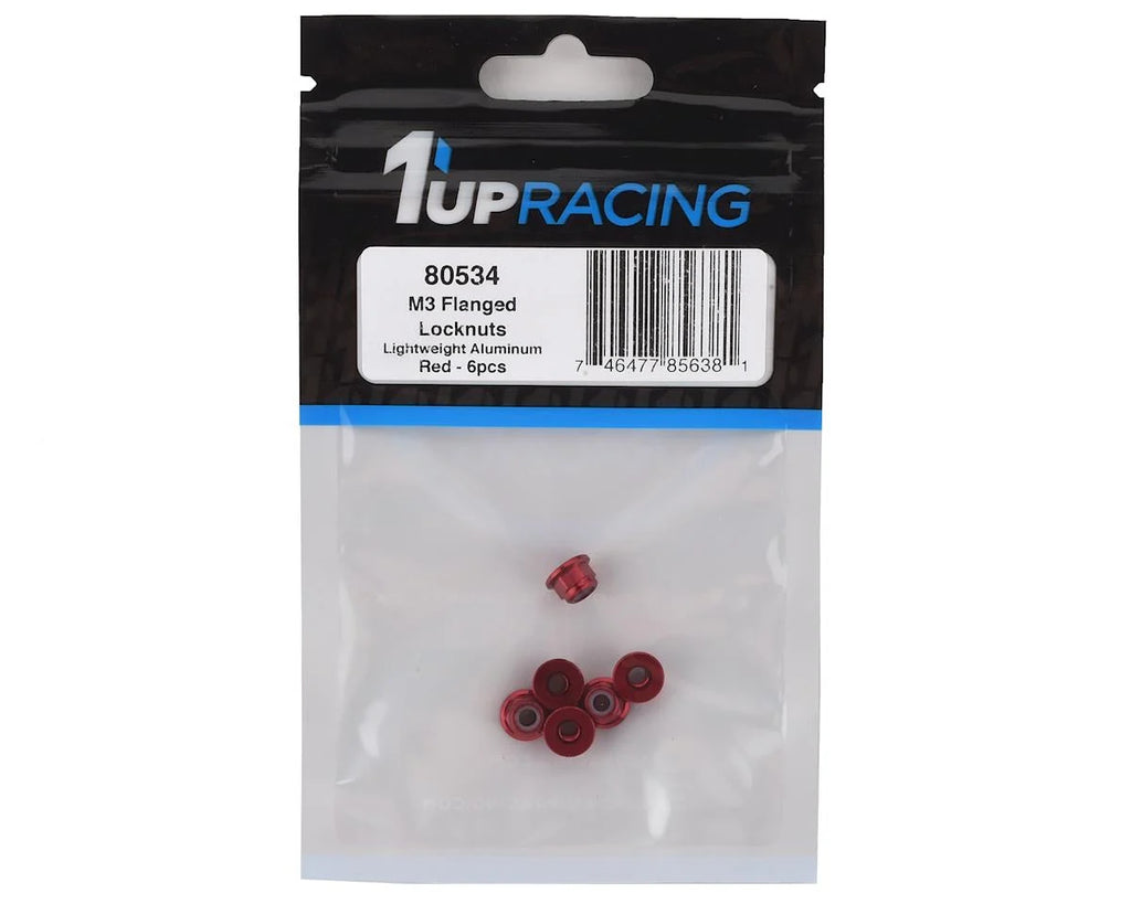 1UP Racing 3mm Aluminum Flanged Locknuts (Red) (6)
