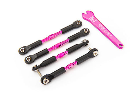 Turnbuckles, aluminum (pink-anodized), camber links, front, 39mm (2), rear, 49mm (2) (assembled w/rod ends & hollow balls)/ wrench