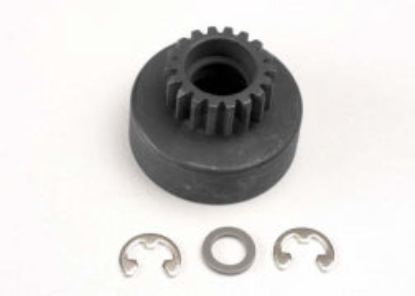 4118 Clutch bell, (18-tooth)/ 5x8x0.5mm fiber washer (2)/ 5mm E-clip (requires #4609 - ball bearings, 5x10x4mm (2))
