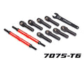 Toe links, E-Revo VXL (TUBES red-anodized, 7075-T6 aluminum, stronger than titanium) (144mm) (2)/ rod ends, assembled with steel hollow balls (8)/ aluminum wrench, 8mm (1)